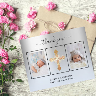 Baptism silver blue photo thank you card