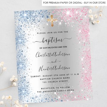 Baptism Silver Blue Pink Twins Boy Girl Invitation by Thunes at Zazzle
