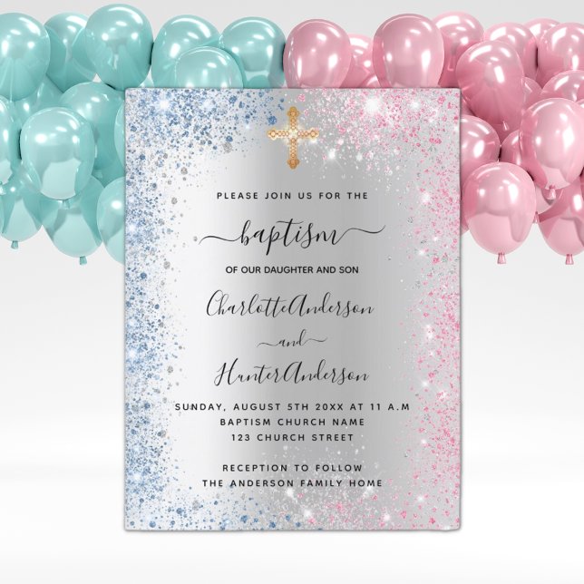 Baptism silver blue pink twins boy girl invitation postcard (Creator Uploaded)