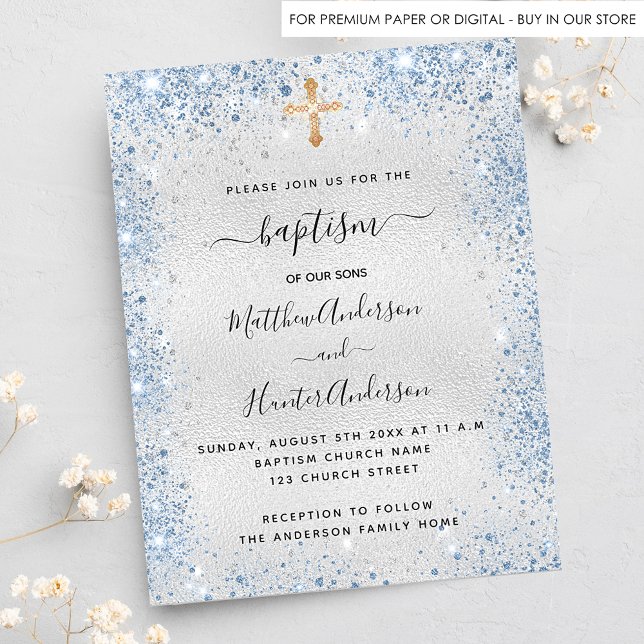 Baptism silver blue twins boys budget invitation (Creator Uploaded)