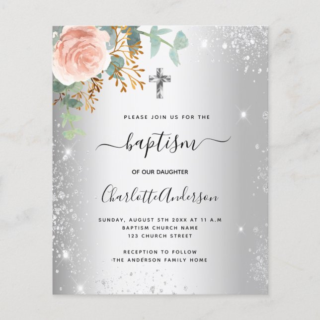 Baptism Silver blush floral eucalyptus invitation (Front)