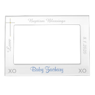 Baptism Silver Cross Blue Photo Magnetic Frame