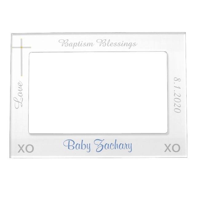 Baptism Silver Cross Blue Photo Magnetic Frame (Front)