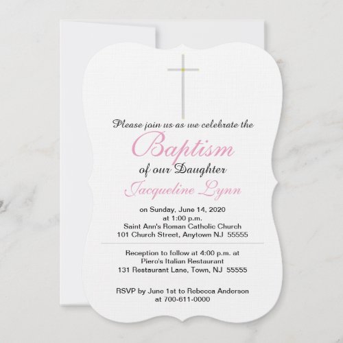 Baptism Silver Cross Daughter Pink Baby Rattle Invitation