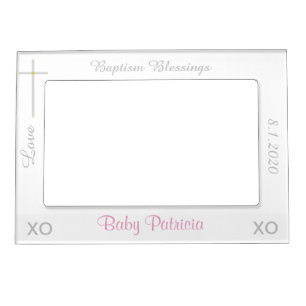 Baptism Silver Cross Pink Photo Magnetic Frame