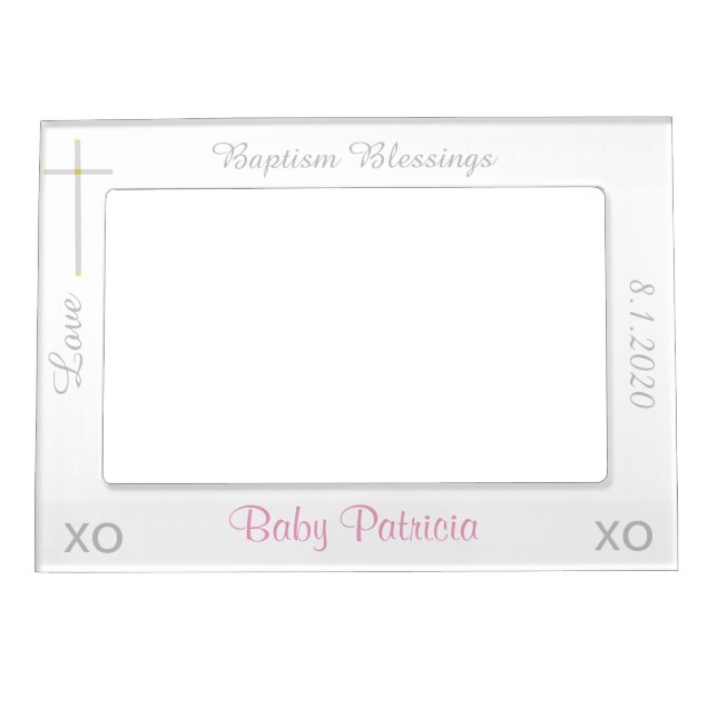 Baptism Silver Cross Pink Photo Magnetic Frame (Front)