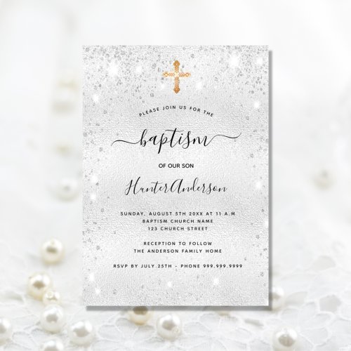 Baptism silver dust glitter boy girl modern invitation