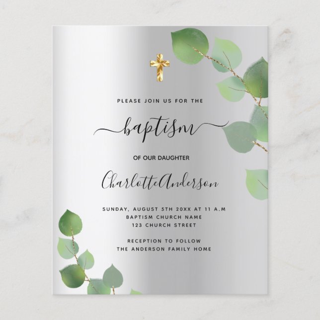 Baptism silver eucalyptus budget invitation flyer (Front)