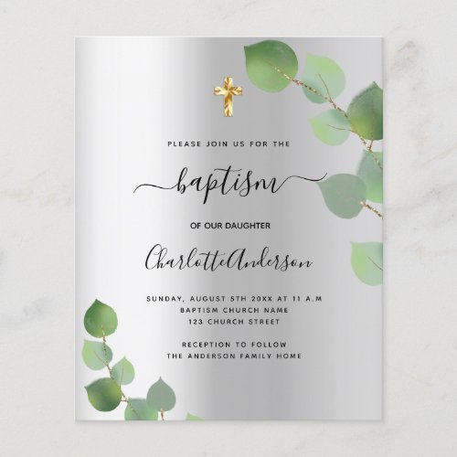 Baptism silver eucalyptus budget invitation flyer