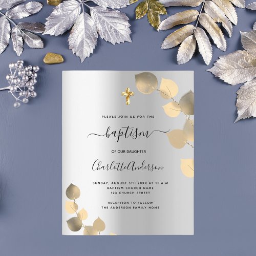 Baptism silver eucalyptus gold budget invitation