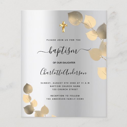 Baptism silver eucalyptus gold budget invitation flyer