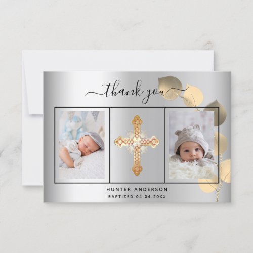 Baptism silver eucalyptus photo boy thank you card