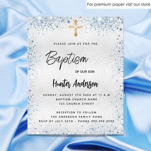 Baptism silver glitter blue boy budget invitation
