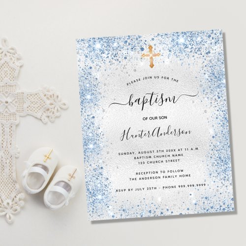 Baptism silver glitter blue boy budget invitation flyer