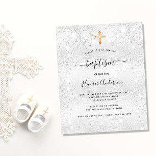 Baptism silver glitter boy girl budget invitation flyer
