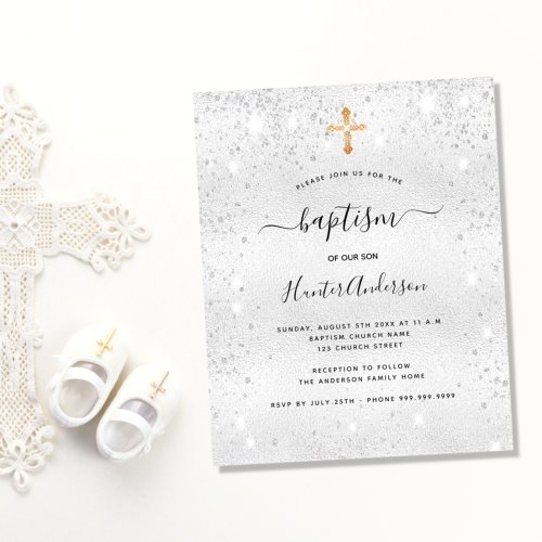 Baptism silver glitter boy girl budget invitation  flyer