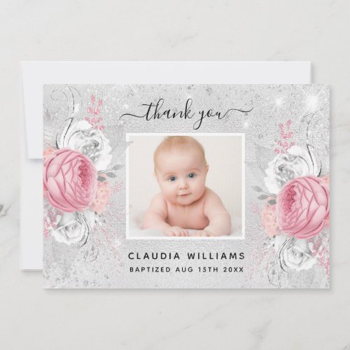 Baptism silver glitter pink florals photo girl thank you card