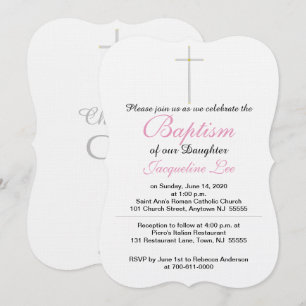 Baptism Silver Gold Cross Daughter Pink Invitation