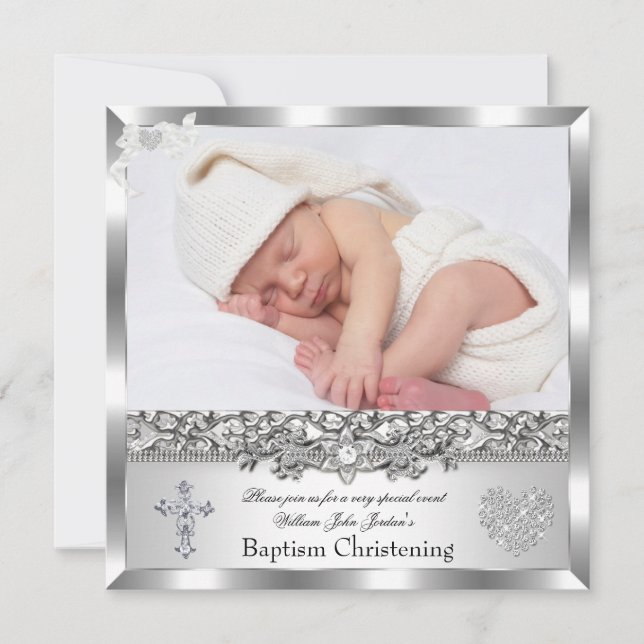 Baptism Silver Photo Heart Cross Boy or Girl Invitation (Front)