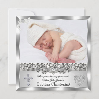 Baptism Silver Photo Heart Cross Boy or Girl Invitation