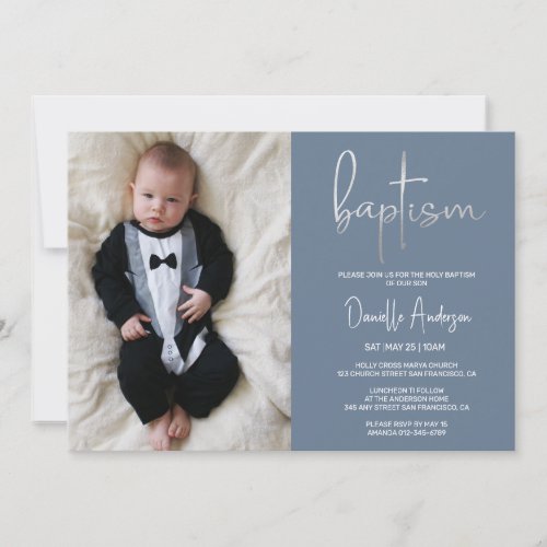 baptism silver photo minimalistic boy  Invitation