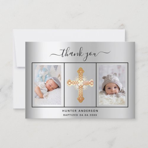 Baptism silver photo script boy thank you card