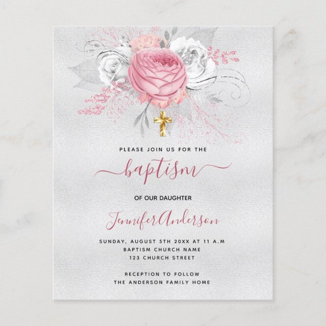 Baptism silver pink florals girl budget invitation flyer (Front)