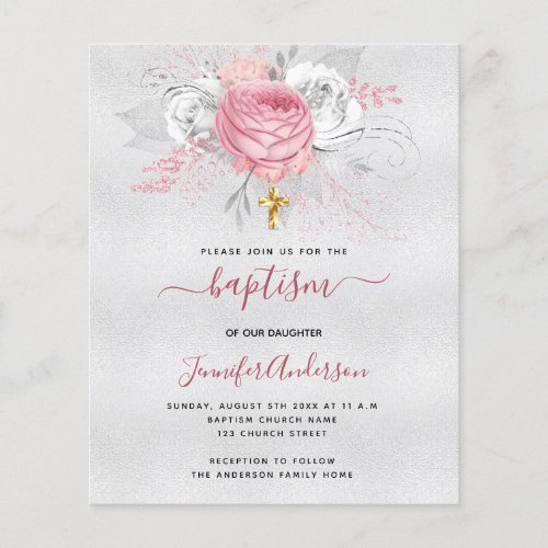 Baptism silver pink florals girl budget invitation flyer