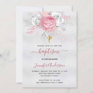 Baptism silver pink florals girl elegant white invitation