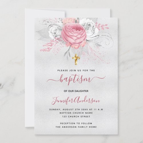Baptism silver pink florals girl elegant white invitation