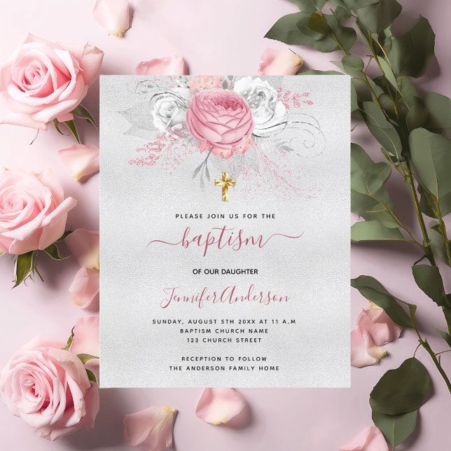 Baptism silver pink florals girl invitation (Creator Uploaded)
