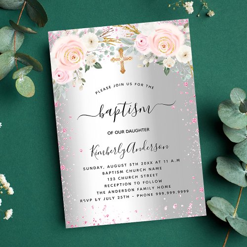 Baptism silver pink florals glitter girl elegant invitation