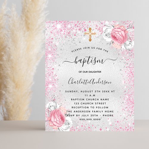 Baptism silver pink girl floral glitter invitation
