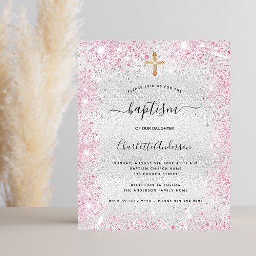 Baptism silver pink girl glitter budget invitation