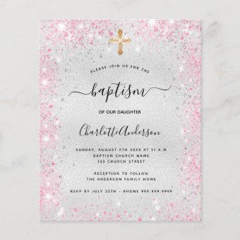 Baptism silver pink girl glitter budget invitation | Zazzle