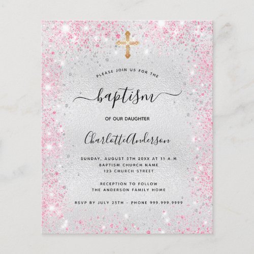 Baptism silver pink girl glitter budget invitation flyer