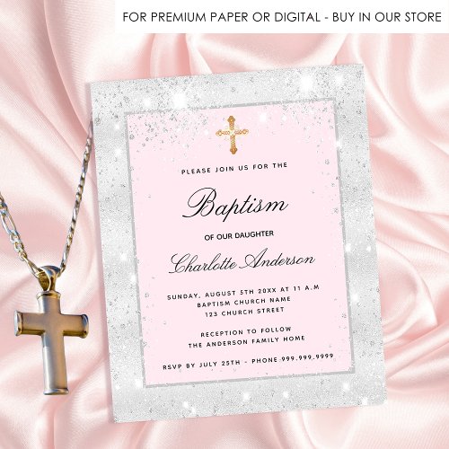 Baptism silver pink glitter girl budget invitation