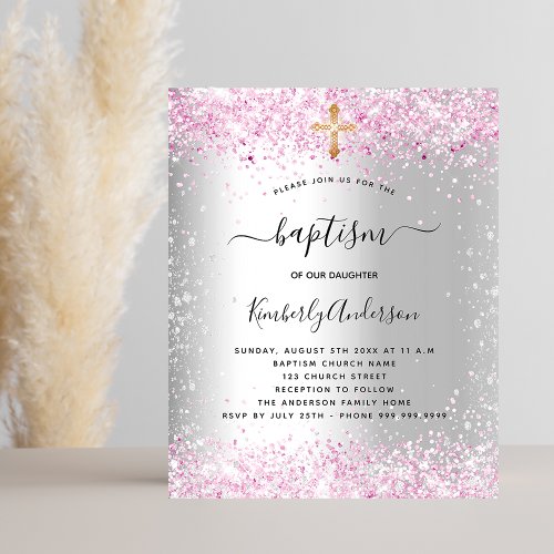 Baptism silver pink glitter girl budget invitation flyer