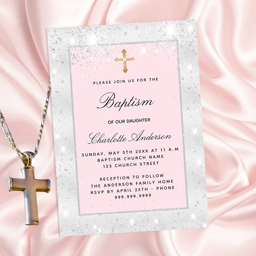 Baptism silver pink glitter girl cross elegant invitation