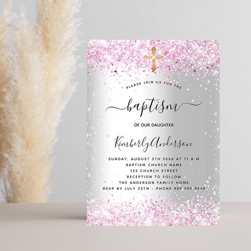 Baptism silver pink glitter girl elegant cross invitation