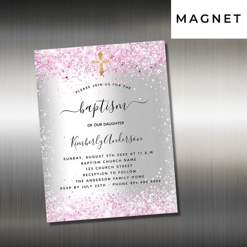 Baptism silver pink glitter girl invitation magnet