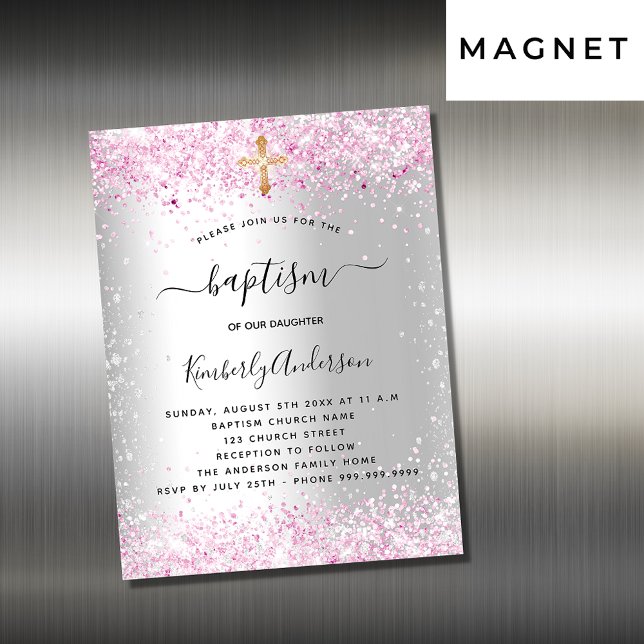 Baptism silver pink glitter girl invitation magnet (Creator Uploaded)