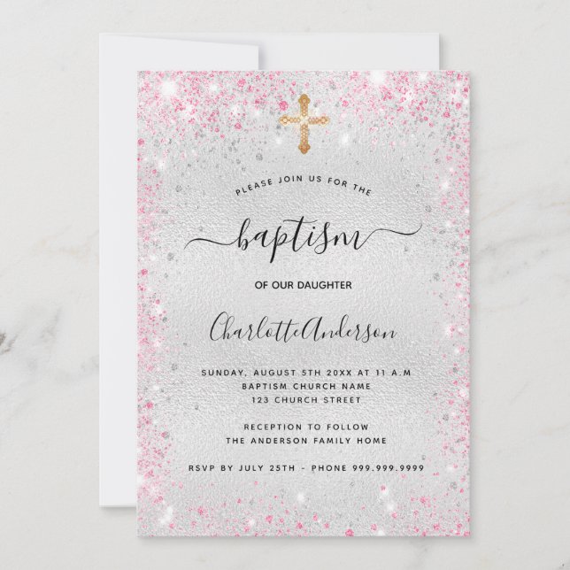 Baptism silver pink glitter girl modern invitation (Front)