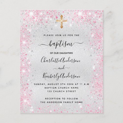 Baptism silver pink twin girls budget invitation flyer