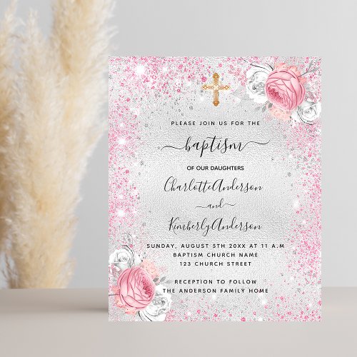 Baptism silver pink twins floral budget invitation