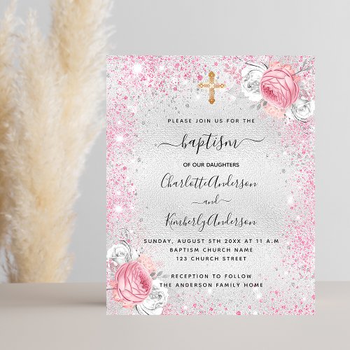 Baptism silver pink twins floral budget invitation flyer