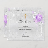 Baptism silver purple photo girl thank you card (Front/Back)