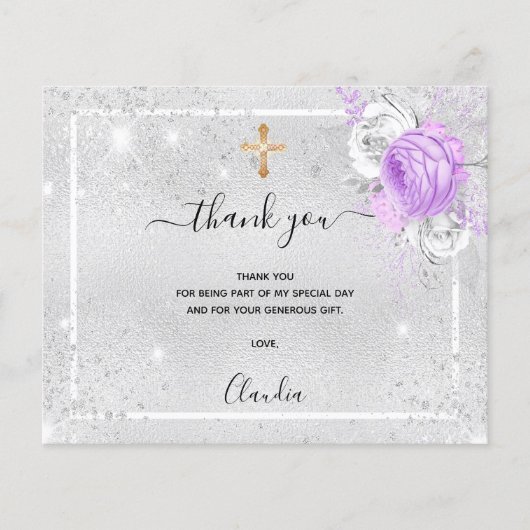 Baptism silver purple photo girl thank you card (Front)