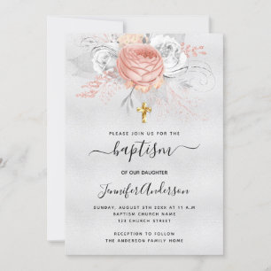 Baptism silver rose gold florals girl elegant invitation