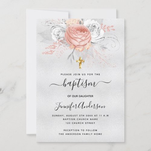 Baptism silver rose gold florals girl elegant invitation